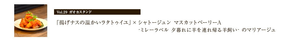 ガオカスタンド 「揚げナスの温かいラタトゥイユ」× シャトージュン マスカットベーリーA -ミレーラベル 夕暮れに羊を連れ帰る羊飼い- のマリアージュ